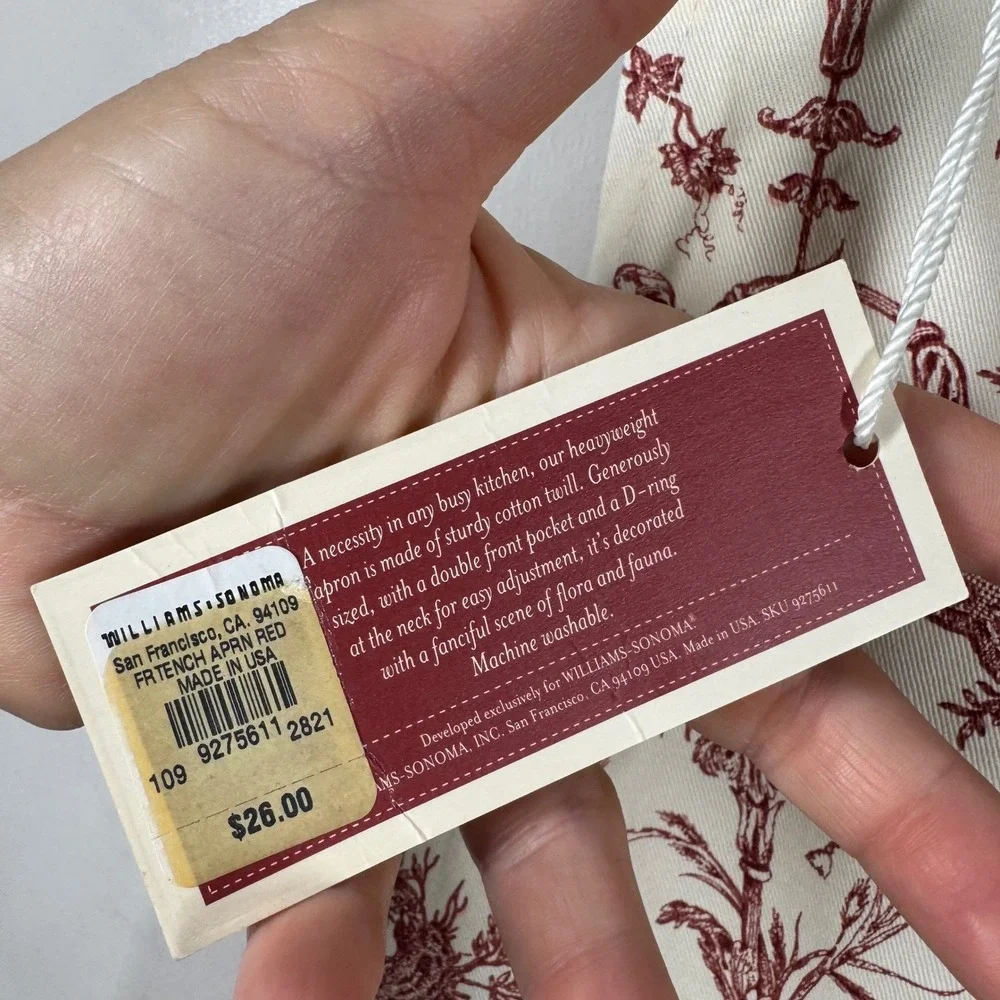 Williams Sonoma Foret Enchantee Toile Apron Red Cream Cotton Twill USA Made NWT